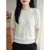 Top de punto simple con cuello redondo y manga corta para mujer, para uso en verano, jacquard calado, tacto de alta gama, camiseta blanca de lino con tacto fresco