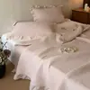 Manta de Encaje Algodón Puro Estilo Coreano Romántico Juego de Tres Piezas Lavada a la Arena Cubierta de Cama de Algodón Puro Antimanchas Habitación de Niña Rosa Extragrande Ancha