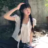 Camisa Doce de Verão Estilo Coreano com Ombro Direito para Mulheres com Mangas Bufantes, Mangas Curtas, Design com Caimento Anti-Amassar, Top Emagrecedor para Pessoas Baixas