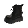 Botas Martin Estilo Británico Negro para Mujer 2026 Otoño Nuevas Versátiles Cremallera Lateral Suela Gruesa Aumentadoras de Altura Con Cordones Botas Cortas de Motocicleta