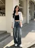 Jeans reto desfiado e descolorido ponto cruz chegada nova de verão decoração de costura contrastante no bolso traseiro calças compridas casuais largas moda