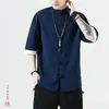 Camisa Masculina de Linho com Fivela Manga Curta Estilo Chinês Verão Masculina Meia-manga Traje Tang Estilo Antigo Algodão e Linho Hanfu Terno Zhongshan Chinês