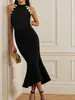 Novo vestido de luxo preto patchwork de verão para mulheres, alta elasticidade, caimento justo, sem mangas, acinturado, modelador, elegante vestido longo