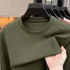 Camiseta Masculina Gola Redonda Cor Sólida Resistente a Amassados Mistura de Lã Fresca Respirável Casual para o Dia a Dia Manga Longa Camisa Base Masculina