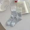 Calcetines de encaje suaves para niñas en blanco y azul, calcetines holgados estilo universitario con lazos, calcetines de verano finos de malla hasta la mitad de la pantorrilla para mujer
