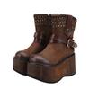Botas Retro de Couro Genuíno de Cano Médio com Sola Grossa para Mulheres Huigu Original Outono e Inverno Novo Estilo Feitas à Mão Estilo Britânico Botas de Couro Lavado