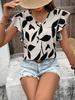 Camisa de mujer color albaricoque de manga corta informal con cuello en V estampado transfronterizo europeo y americano de primavera y verano de 2025