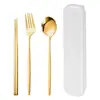 Aço Inoxidável Utensílios de Mesa Portáteis Colher Garfo Hashi Portugueses Conjunto de Três Peças Estudante Viagem ao Ar Livre Conjunto com Caixa de Armazenamento