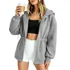 2026 Amazon Europeo y Americano Otoño/Invierno Nuevo Color Sólido Longitud Media Cintura con Cordón Chaqueta Casual Sudadera con Cremallera y Capucha para Mujer