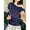 Camiseta Original de Manga Curta com Ombro Diagonal Waffle para Mulheres Verão Nicho Emagrecedor Elegante Assimétrico Sexy Tomara-que-caia