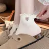 Meias Ins de Verão Finas com Babados e Decote Baixo, Estilo Coreano, com Bordado de Animal Fofo, Meias Brancas Curtas para Barco Estilo Lolita