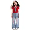 Conjunto de Verano Dopamina Estilo Academia para Niñas Moda Cuello Azul Marino Manga Corta Versátil Pantalones Finos de Mezclilla Conjunto de Dos Piezas
