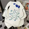 Camiseta de Manga Curta Patchwork de Algodão Puro com Design de Estrela da Moda para Mulheres, Top Listrado Simples Divertido Estilo Ins para Casais para Homens, Primavera e Verão