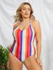 Nuevo Bikini de Moda Transfronterizo Rayado Cuello con Cordones Traje de Baño Sexy Cubre Vientre Talla Grande Europeo y Americano Caliente Traje de Baño Mujer
