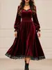 (Desenvolvido pela Anuo) Vestido de Festa Feminino Europeu e Americano 2026 Temperamento Casual Outono Renda Patchwork Veludo