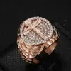 Anillo Hiphop Hip-Hop Transfronterizo Europeo y Americano Acero de Titanio Chapado en Oro al Vacío Cruz de Pedrería Anillo para Hombre