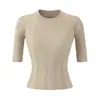 Camiseta de Punto Retro Francesa de Cuello Redondo de Manga Media para Mujer en Verano, de Alta Gama, Elegante, Ajustada, de Manga Media, Top Delgado