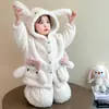 Pijama con Capucha de Conejo Lindo y Dulce para Bebé Niña de Coral Fleece Invierno Espesado Cálido Mullido Conjunto de Ropa de Casa
