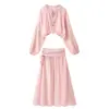 Estilo europeo y americano de otoño, dobladillo con volantes, conjunto de top y falda extragrande, rosa