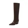 Botas de cuero tipo caballero para mujer con tacones altos gruesos, botas largas de caña alta, nuevas botas de cuero genuino con punta para otoño e invierno, que llegan por encima de la rodilla