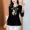 Moda Outono 2025 Transfronteiriça Design Coreano Gravata Borboleta Camisa Básica de Veludo Dourado Top Elegante
