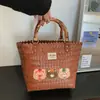 Bolso Tejido de Cesta de Dibujos Animados con Rayas Retro para Viajeras, Bolso de Mano para Mujer, Estilo Verano 2025, Colgante de Cuerda de Nylon, Asa de Bambú