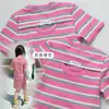 Vestido Camiseta de Punto Rayado Rosa para Niña 2023 Verano Nuevo de Manga Corta Estilo Occidental Cuello Redondo Vestido de Algodón Puro