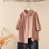 832 Camisa de Gasa de Algodón de Doble Capa a Cuadros de Manga Media con Cuello Peter Pan Pequeño Verano Nuevo de Manga Corta para Mujer Top Casual