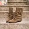 Botas femininas de bico fino franzidas e empilhadas estilo coreano para o Outono de 2026 com rebites, botins western cowboy, sapatos femininos retrô de caimento justo