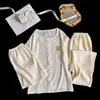 Conjunto de Pijama de Tres Piezas de Algodón Nube para Mujer, Verano Manga Corta Shorts Pantalones Largos Dibujos Animados Estudiante Ropa de Casa Conjunto, Estilo Portátil