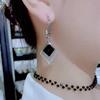 Brincos Elegantes de Alta Classe com Borla de Diamante Negro Design Geométrico Assimétrico Longo Elegante Senso de Design Exagerado Emagrecedor Tendência Brincos
