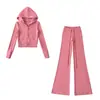 Conjunto de duas peças para mulheres, estilo coreano, jaqueta cardigã curta com capuz de fleece, com caimento fluido, calça flare versátil com cordão.