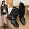 Botas de locomotora Datong Weiji botas cortas nuevas hebilla negra moda pierna ancha retro 2026 botas mujer punta cuadrada bonitas