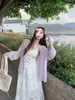 Cárdigan Protector Solar con Tirantes, Cubierta Exterior Ligera de Verano con Mangas Murciélago de Longitud Media, Top de Punto Transparente en Morado