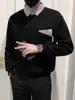 Sudadera tipo polo con retazos a rayas de dos piezas falsas transfronteriza Marca de tendencia Atuendo estilo coreano de otoño para hombre Top casual para hombre