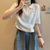 Polo de manga corta con cuello, suéter con solapa y botones, camiseta corta con cordón de oso de verano 2023 para mujer