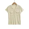 Elegante camiseta de punto de lino con solapa y bolsillos, tacto fresco, manga corta, moda de verano, top casual versátil de corte ajustado