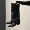 Botas de Equitação de Bico Fino Estilo Francês com Salto Grosso e Cano Alto para Mulheres, Roupa de Outono e Inverno, Circunferência de Cano Largo, Botas Calça Hot Girl Europeias e Americanas, Moda de Rua