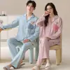 Ropa de Casa Pura de Algodón para Mujer, 100% Algodón, Se Puede Usar Afuera, Atuendo de Pareja, Cárdigan, Solapa, Pijama de Dibujos Animados, Conjunto de Dos Piezas