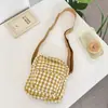 99303 Bolsa Quadrada Pequena de Tecido Xadrez Amarelo e Branco Retrô Japonês Bolsa Transversal Leve para Celular Chaves Bolsa de Armazenamento