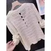 Suéter de Punto Calado para Mujer Moda Verano 2026 Parte Trasera Adornada con Perlas Manga Larga Cuello Redondo Top Simple Delgado Cubre-Ropa para Aire Acondicionado