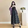 Estoque Disponível Moda Gestante Plus Size Saia de Suspensório para Gestante Chiffon com Estampa Floral Pequena + Camisa com Proteção Solar Conjunto de Duas Peças para Gestante