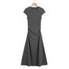 Vestido gris de cuello redondo y manga corta para mujer, falda de verano, cintura ajustada, adelgazante, línea A, drapeada, informal, hasta la cadera, largo medio