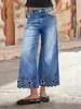 Jeans populares de talla grande para mujer de TEMU, con seis detalles de encaje en forma de X, pierna ancha, corte recto, ajuste holgado y largo cropped