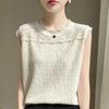 Verão novo redondo pescoço seda Pearl Vest estilo coreano All-match Commuter ultra-fino de lã mulheres malha base camisa