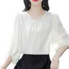 Camisa de Satén con Cuentas de Cuello Redondo para Mujer 2025 Ropa de Verano Nueva Mamá Camisa Manga Tres Cuartos Top Manga Media