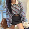 Sudadera fina a rayas con cuello y botones estilo coreano para mujer de Dongdaemun, otoño e invierno, con bloques de color, alta calidad
