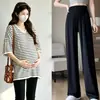 Ropa de Maternidad Camiseta Rayada de Cuello en V Moderna de Verano Tallas Grandes Cubre Vientre Adelgazante Cintura Alta Soporte de Vientre Pantalones de Maternidad Conjunto de Moda