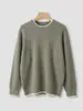 Novo Suéter de Malha Masculino com Gola Redonda e Borda Contrastante Primavera Outono Costela Vertical Cor Sólida Camada Base Top Solto
