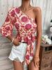 Popular Otoño Invierno 2024 Transfronterizo Estampado Mandala Un Hombro Manga Linterna Dobladillo con Cordón Camisa Top con Tirantes